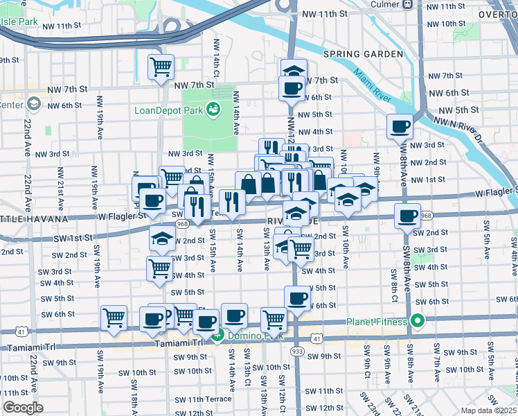 map of restaurants, bars, coffee shops, grocery stores, and more near 1316 West Flagler Street in Miami