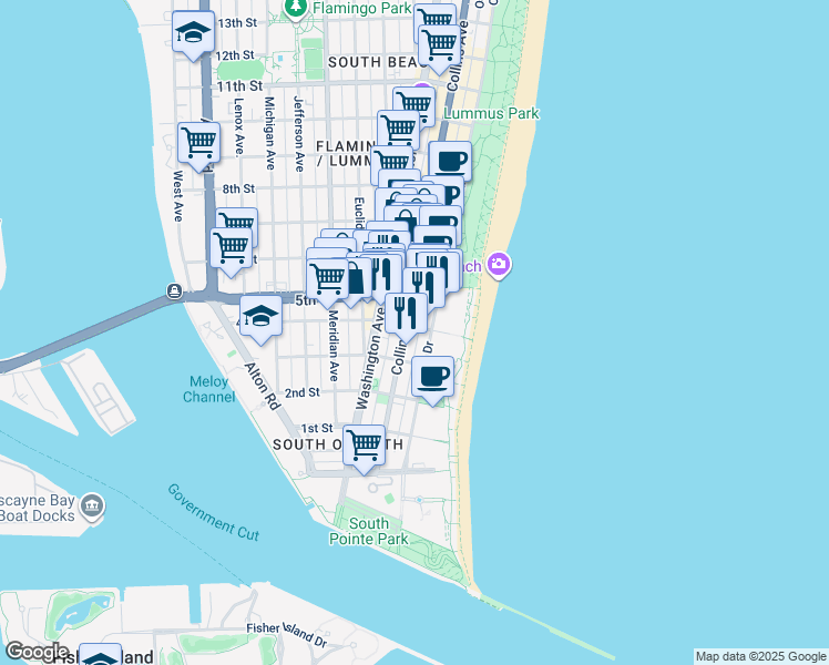 map of restaurants, bars, coffee shops, grocery stores, and more near in Miami Beach