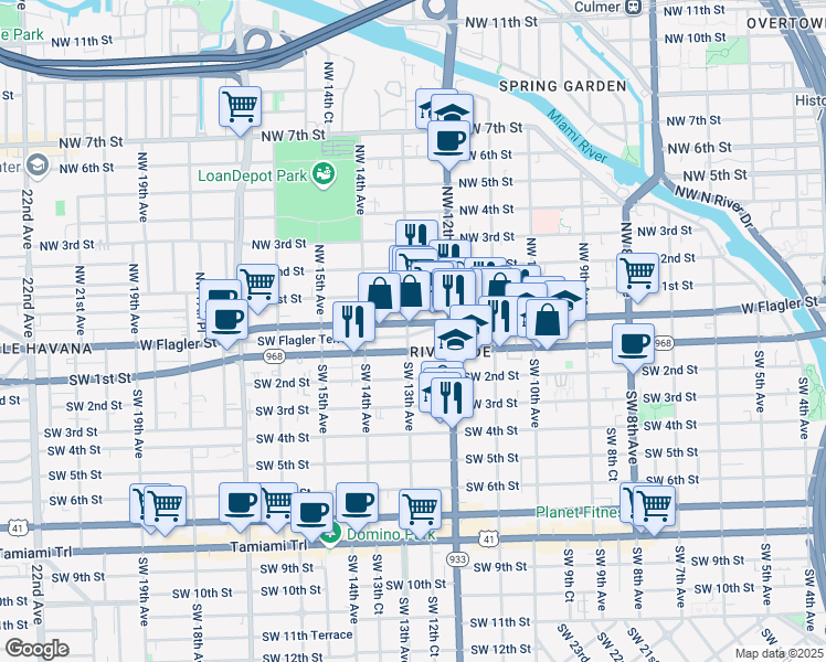 map of restaurants, bars, coffee shops, grocery stores, and more near 1250 Southwest Flagler Terrace in Miami