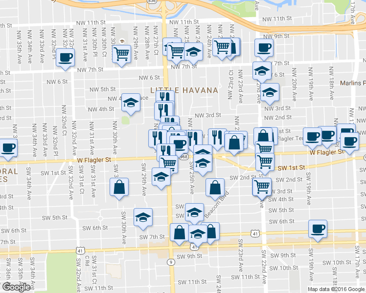 map of restaurants, bars, coffee shops, grocery stores, and more near 25 Northwest 26th Avenue in Miami