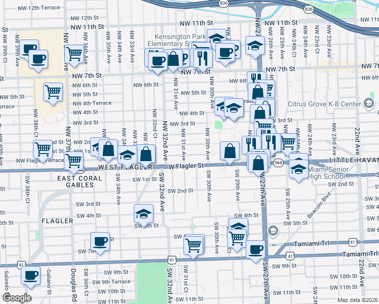 map of restaurants, bars, coffee shops, grocery stores, and more near 3091 Northwest Flagler Terrace in Miami