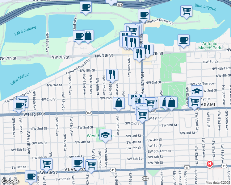 map of restaurants, bars, coffee shops, grocery stores, and more near 220 Northwest 59th Avenue in Miami