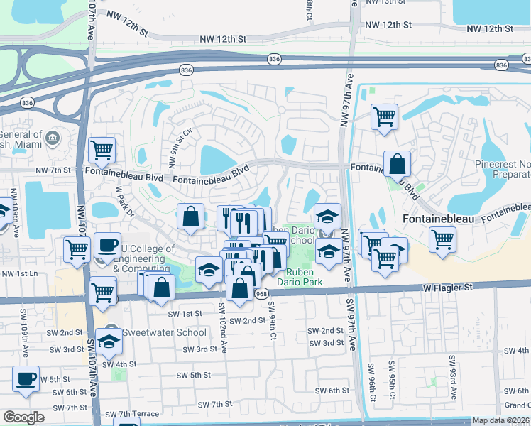 map of restaurants, bars, coffee shops, grocery stores, and more near 4204 Northwest 99th Avenue in Miami