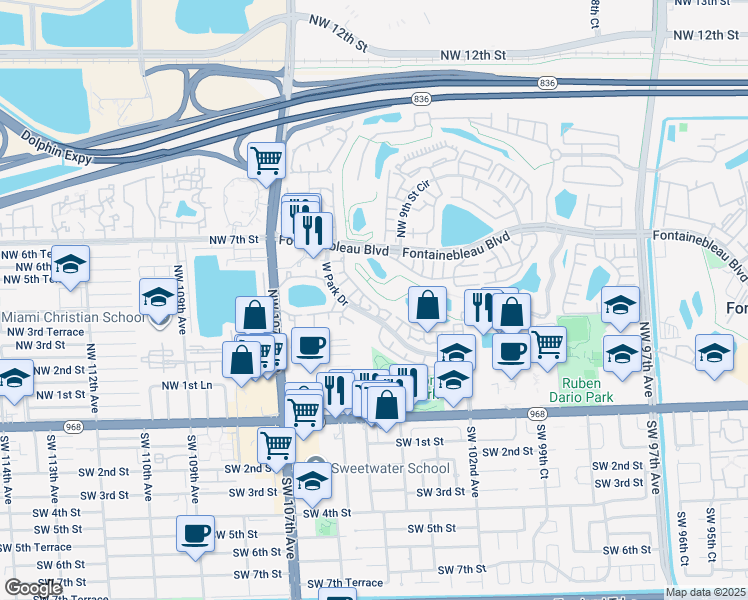 map of restaurants, bars, coffee shops, grocery stores, and more near 201 Northwest 3rd Street in Miami