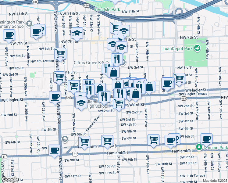 map of restaurants, bars, coffee shops, grocery stores, and more near 1 Glen Royal Parkway in Miami