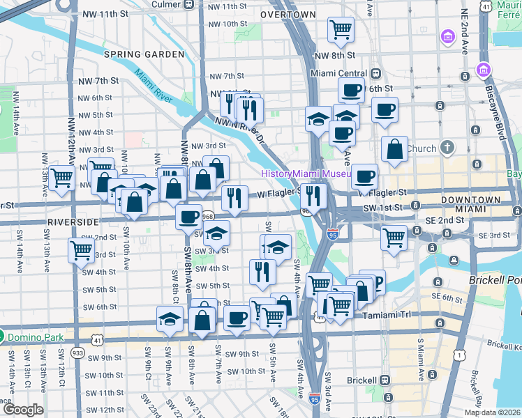 map of restaurants, bars, coffee shops, grocery stores, and more near 501 Southwest 1st Street in Miami