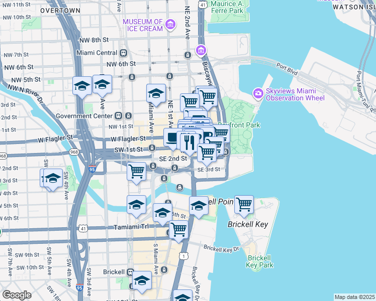 map of restaurants, bars, coffee shops, grocery stores, and more near 168 Southeast 1st Street in Miami