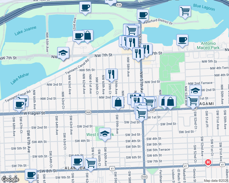 map of restaurants, bars, coffee shops, grocery stores, and more near 220 Northwest 59th Avenue in Miami