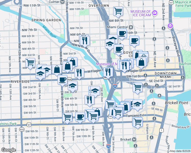 map of restaurants, bars, coffee shops, grocery stores, and more near 10 Southwest South River Drive in Miami