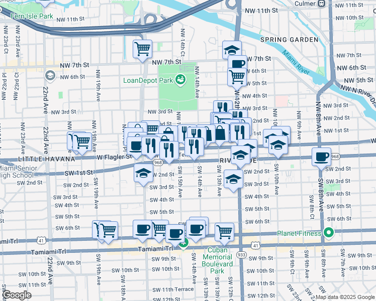map of restaurants, bars, coffee shops, grocery stores, and more near 1440 West Flagler Street in Miami