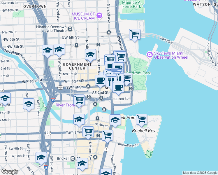 map of restaurants, bars, coffee shops, grocery stores, and more near 117 Southeast 2nd Avenue in Miami