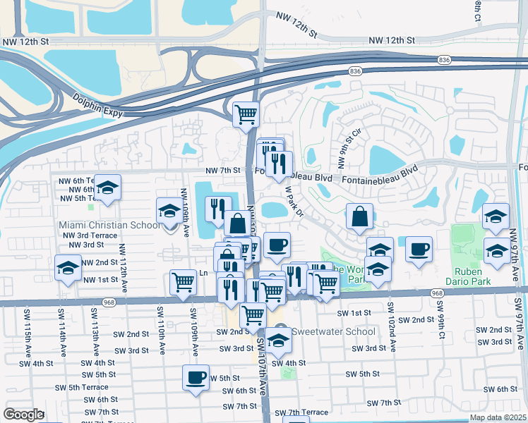 map of restaurants, bars, coffee shops, grocery stores, and more near 441 Northwest 107th Avenue in Miami