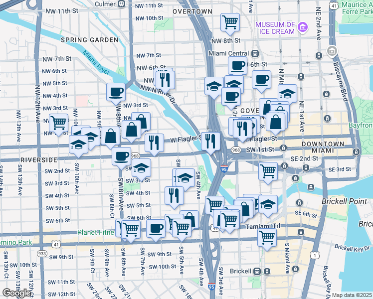 map of restaurants, bars, coffee shops, grocery stores, and more near 10 Southwest South River Drive in Miami