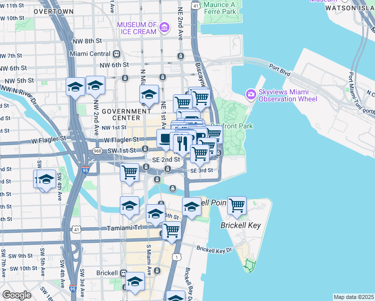 map of restaurants, bars, coffee shops, grocery stores, and more near in Miami