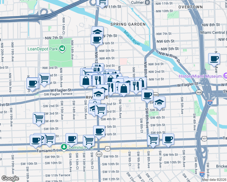 map of restaurants, bars, coffee shops, grocery stores, and more near 1051 Southwest 1st Street in Miami
