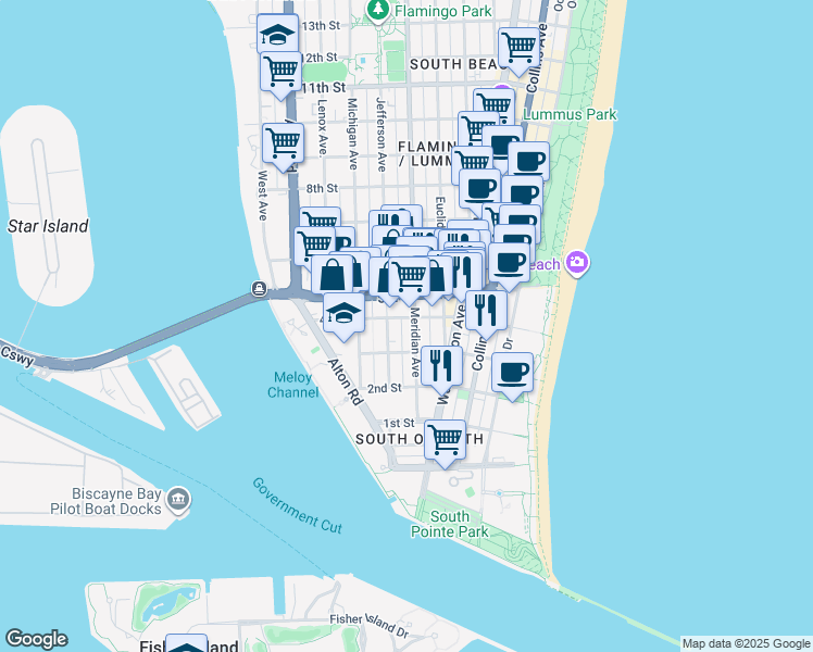map of restaurants, bars, coffee shops, grocery stores, and more near 325 Meridian Avenue in Miami Beach