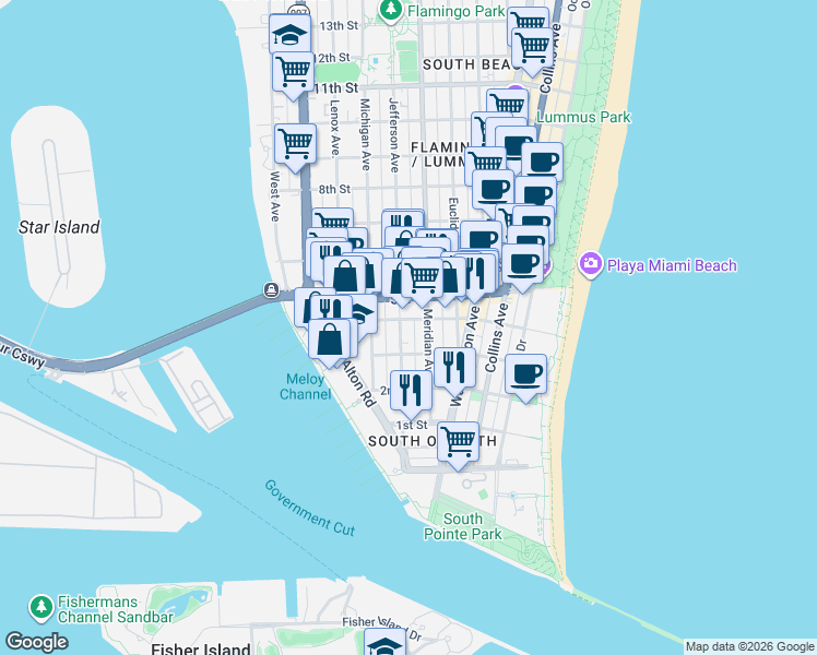 map of restaurants, bars, coffee shops, grocery stores, and more near 334 Jefferson Avenue in Miami Beach