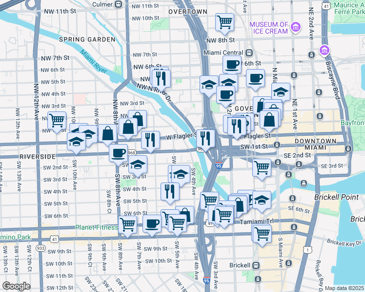 map of restaurants, bars, coffee shops, grocery stores, and more near 10 Southwest South River Drive in Miami