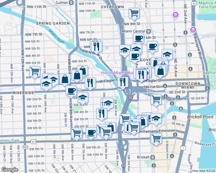 map of restaurants, bars, coffee shops, grocery stores, and more near 10 Southwest South River Drive in Miami