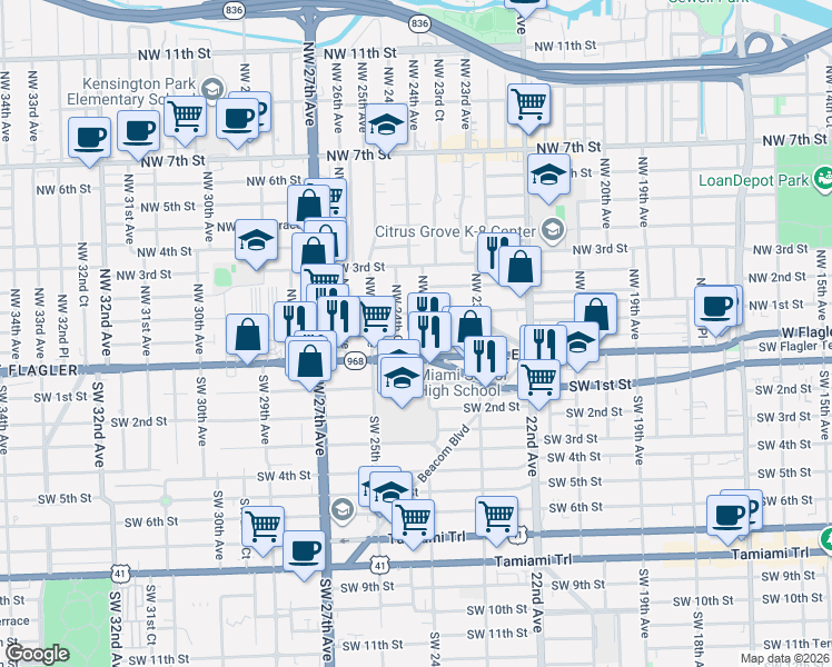 map of restaurants, bars, coffee shops, grocery stores, and more near in Miami