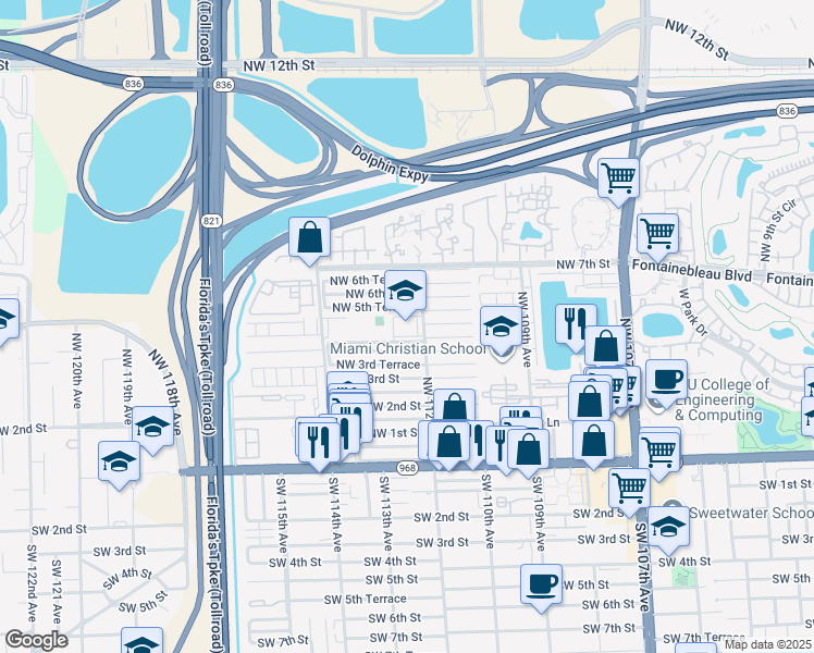 map of restaurants, bars, coffee shops, grocery stores, and more near 11161 Northwest 4th Terrace in Miami