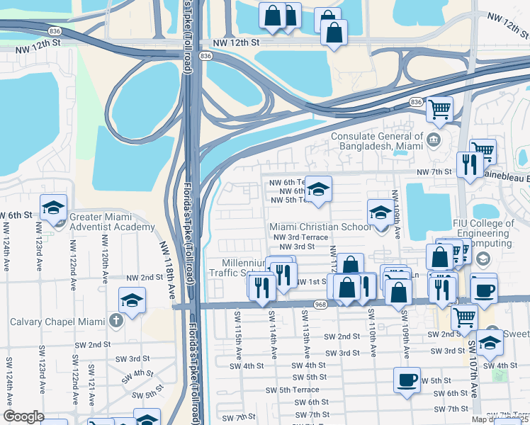 map of restaurants, bars, coffee shops, grocery stores, and more near 11513 Northwest 4th Lane in Miami