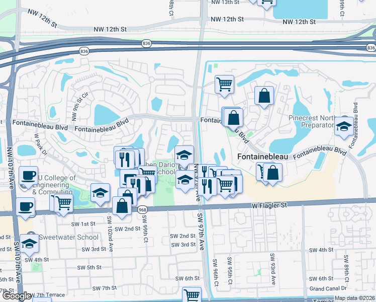 map of restaurants, bars, coffee shops, grocery stores, and more near 9716 Northwest 4th Lane in Miami