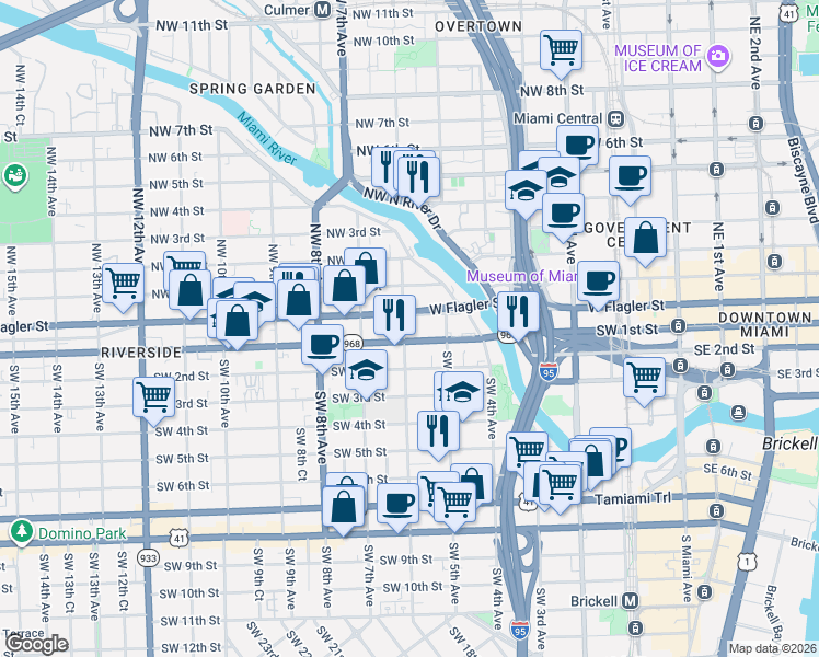 map of restaurants, bars, coffee shops, grocery stores, and more near 35 Southwest 6th Avenue in Miami