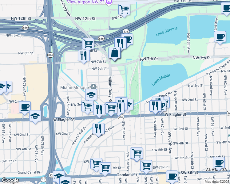 map of restaurants, bars, coffee shops, grocery stores, and more near 295 Northwest 72nd Avenue in Miami