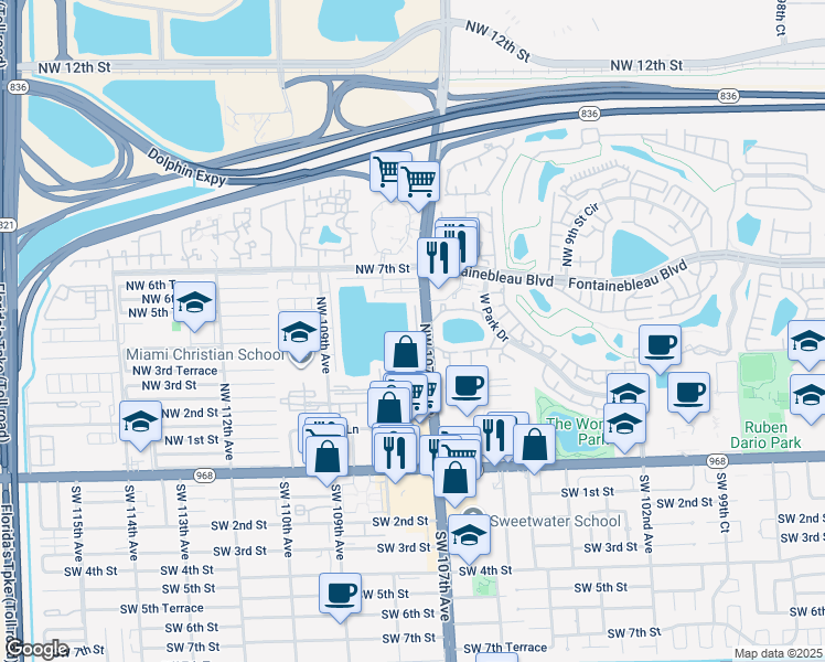 map of restaurants, bars, coffee shops, grocery stores, and more near 400 Northwest 107th Avenue in Miami
