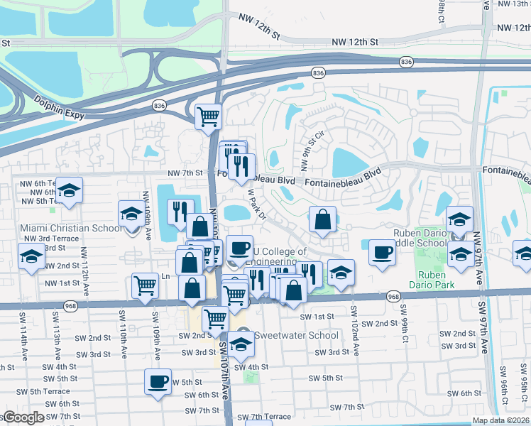 map of restaurants, bars, coffee shops, grocery stores, and more near 651 West Park Drive in Miami