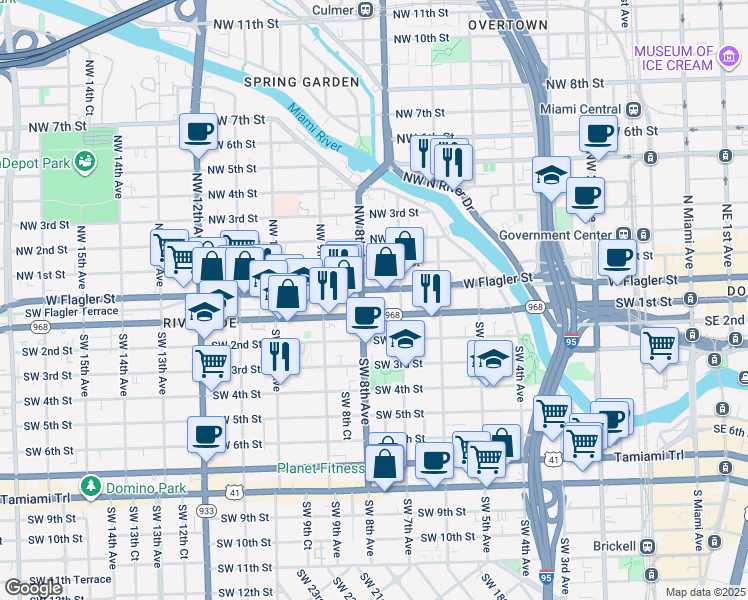 map of restaurants, bars, coffee shops, grocery stores, and more near 6 Southwest 7th Avenue in Miami