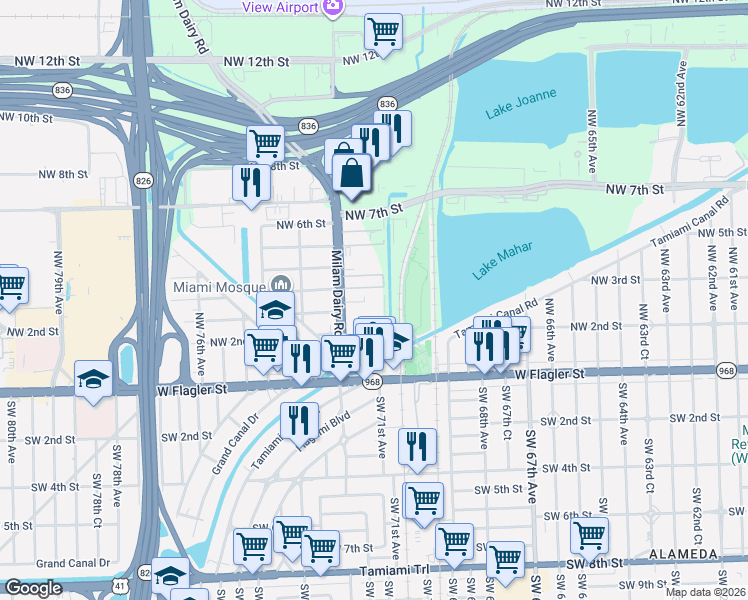 map of restaurants, bars, coffee shops, grocery stores, and more near 275 Northwest 72nd Avenue in Miami