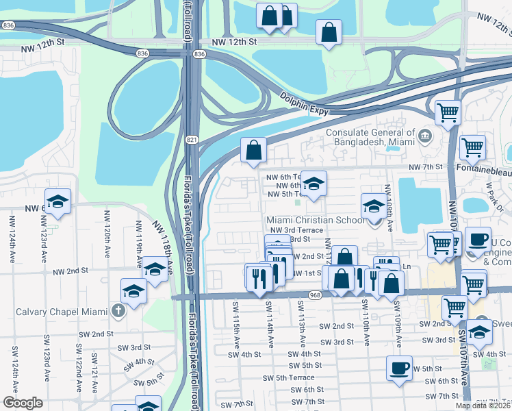 map of restaurants, bars, coffee shops, grocery stores, and more near 11513 Northwest 4th Lane in Miami