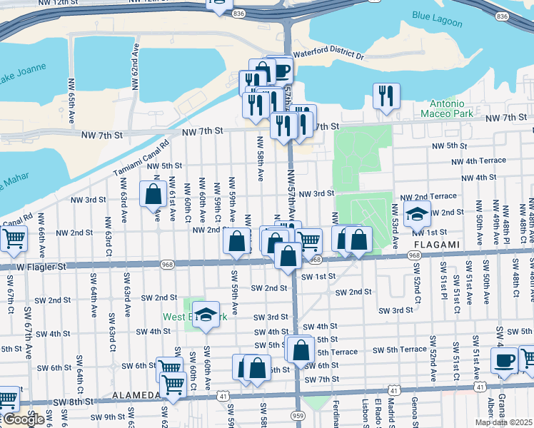 map of restaurants, bars, coffee shops, grocery stores, and more near 225 Northwest 57th Court in Miami
