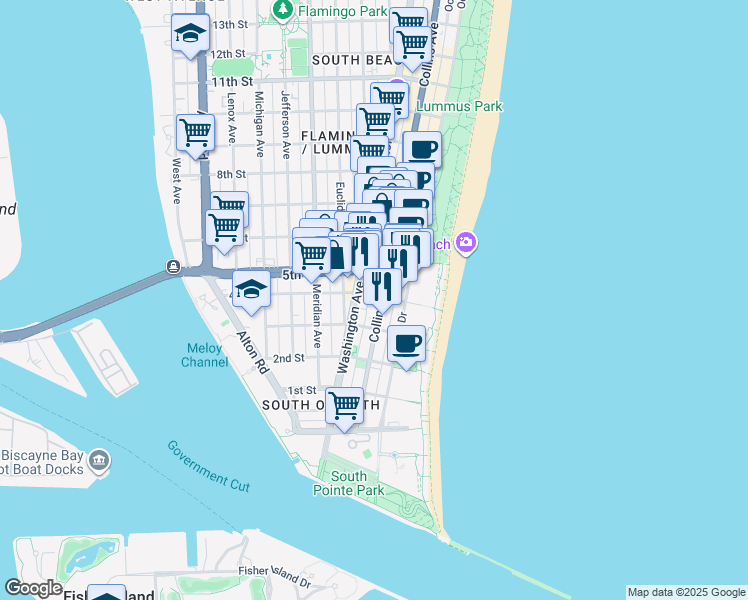 map of restaurants, bars, coffee shops, grocery stores, and more near 360 Collins Avenue in Miami Beach