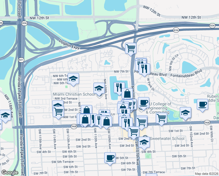 map of restaurants, bars, coffee shops, grocery stores, and more near 321 Northwest 109th Avenue in Miami