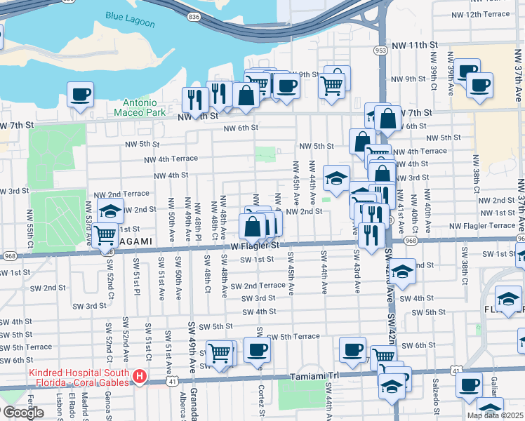map of restaurants, bars, coffee shops, grocery stores, and more near 101 Northwest 47th Avenue in Miami