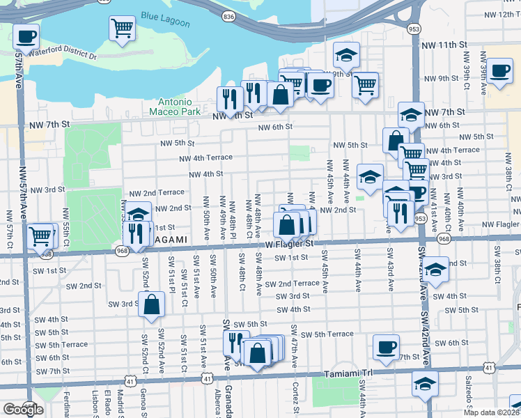 map of restaurants, bars, coffee shops, grocery stores, and more near 4794 Northwest 2nd Street in Miami