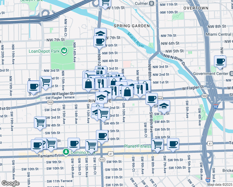 map of restaurants, bars, coffee shops, grocery stores, and more near 1051 Southwest 1st Street in Miami