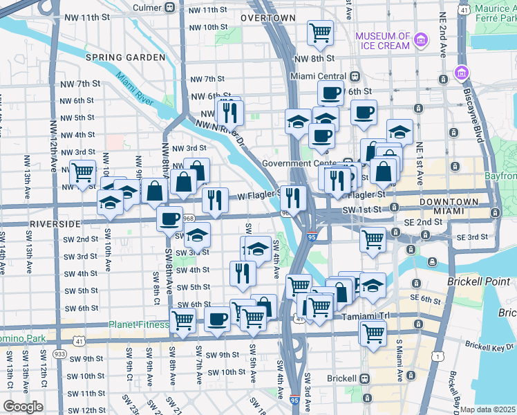 map of restaurants, bars, coffee shops, grocery stores, and more near 10 Southwest South River Drive in Miami