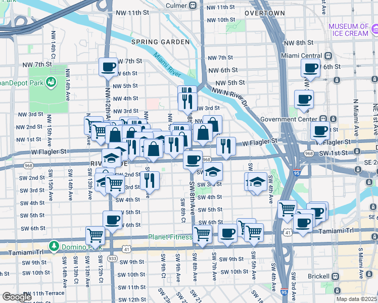 map of restaurants, bars, coffee shops, grocery stores, and more near 800 West Flagler Street in Miami