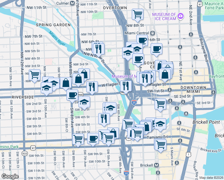 map of restaurants, bars, coffee shops, grocery stores, and more near 10 Southwest South River Drive in Miami