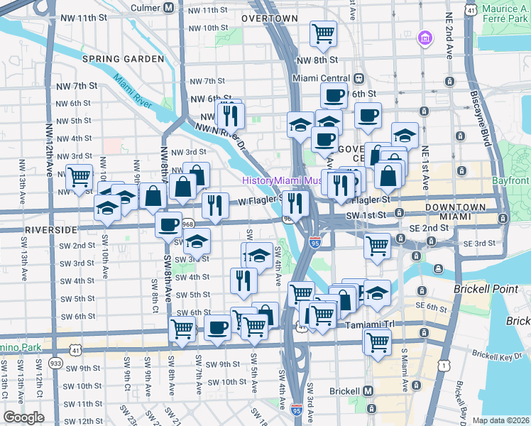 map of restaurants, bars, coffee shops, grocery stores, and more near 10 Southwest South River Drive in Miami