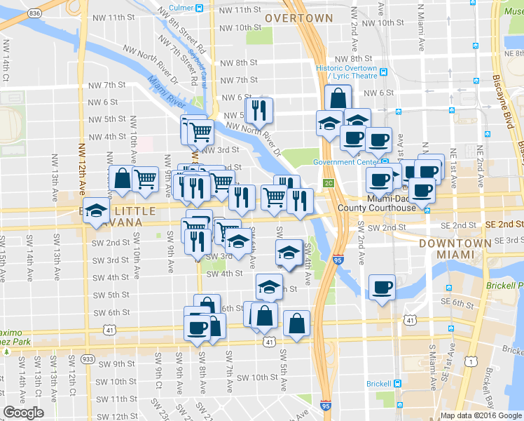 map of restaurants, bars, coffee shops, grocery stores, and more near 537 Southwest 1st Street in Miami