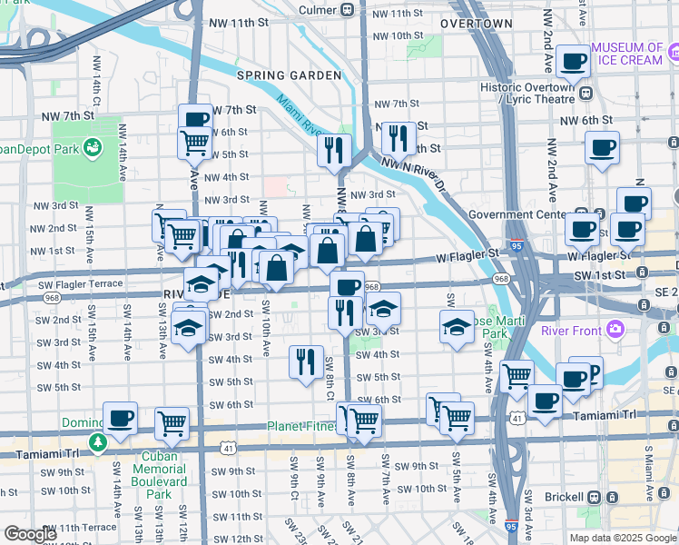 map of restaurants, bars, coffee shops, grocery stores, and more near in Miami