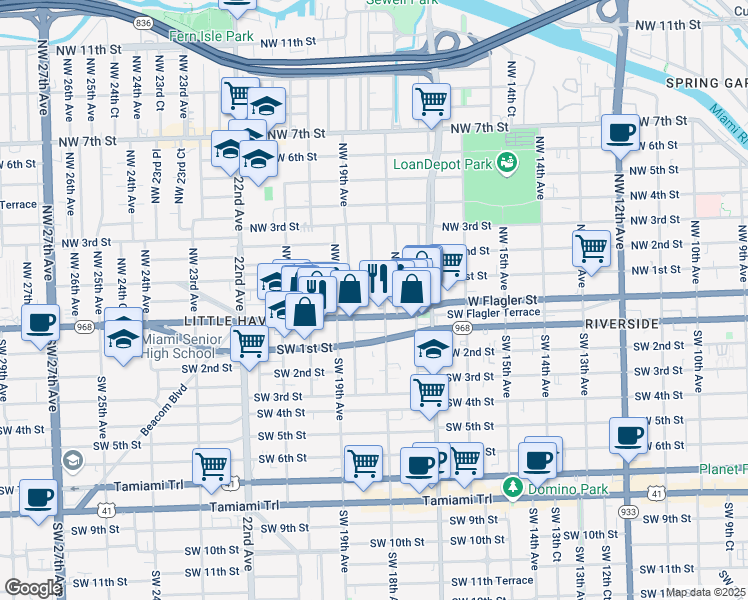 map of restaurants, bars, coffee shops, grocery stores, and more near 1855 West Flagler Street in Miami