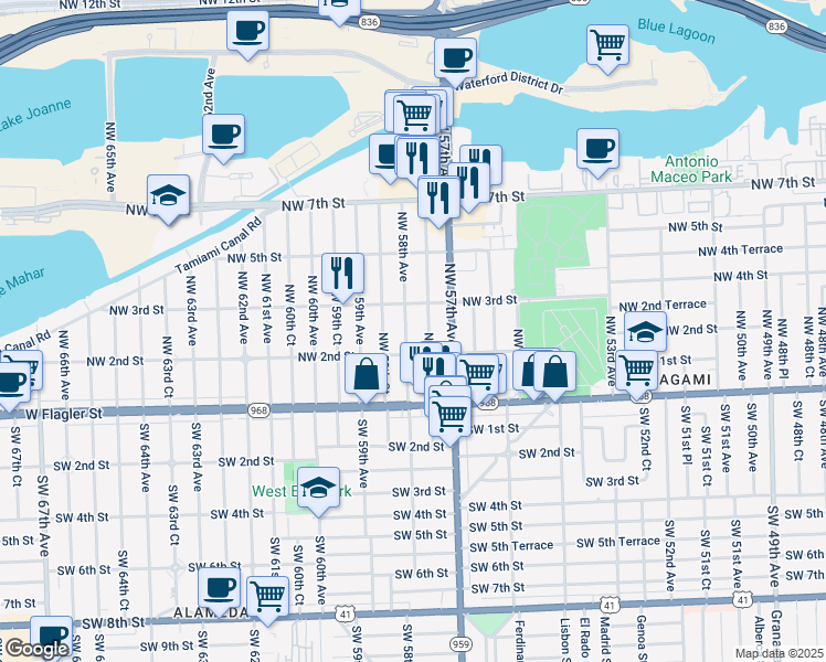 map of restaurants, bars, coffee shops, grocery stores, and more near 225 Northwest 57th Court in Miami