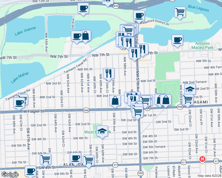 map of restaurants, bars, coffee shops, grocery stores, and more near 220 Northwest 59th Avenue in Miami