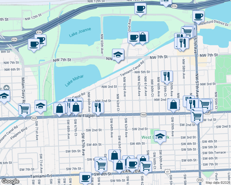 map of restaurants, bars, coffee shops, grocery stores, and more near 230 Northwest 63rd Court in Miami